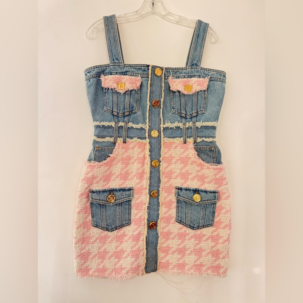 Balmain Paris Denim & Pink Tweed Houndstooth Mini Dress with Gold Buttons - Picture 4 of 13
